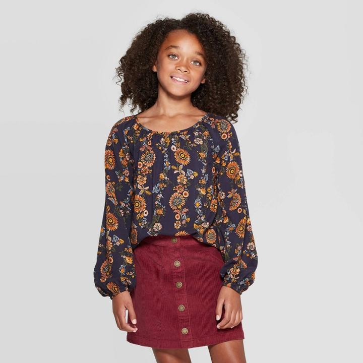 Girls' Long Sleeve Woven Boho Top - Art Class Black