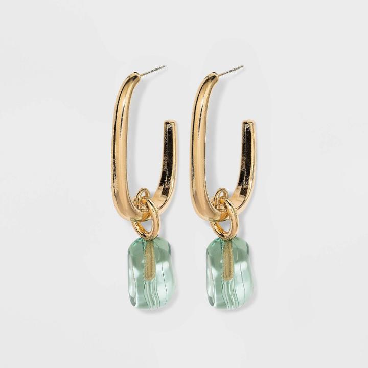 Rectangle Hoop With Transparent Drop Earrings - A New Day Green
