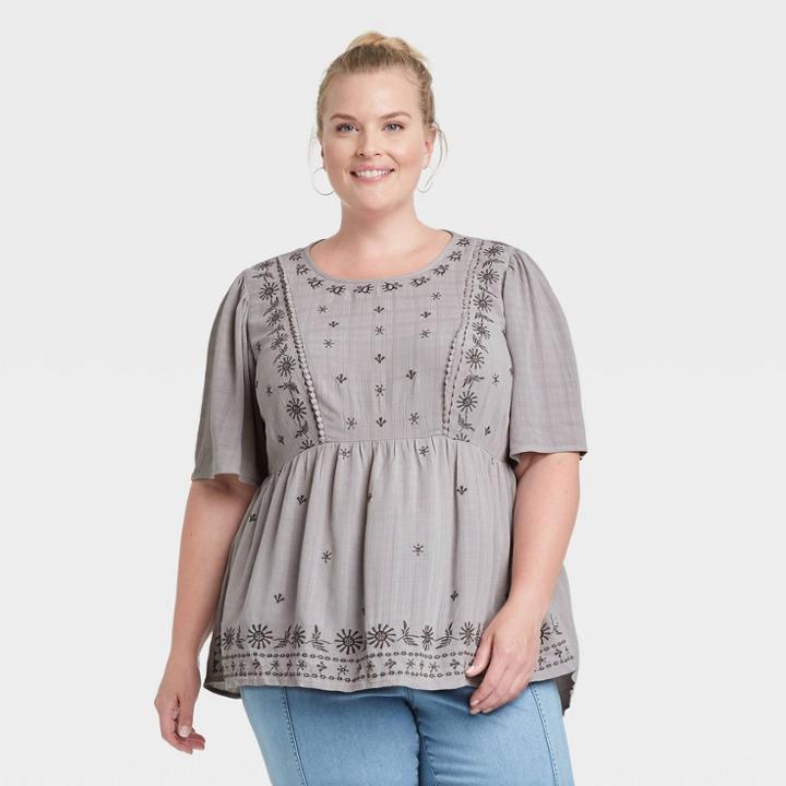 Women's Plus Size Short Sleeve Round Neck Babydoll Blouse - Knox Rose Gray