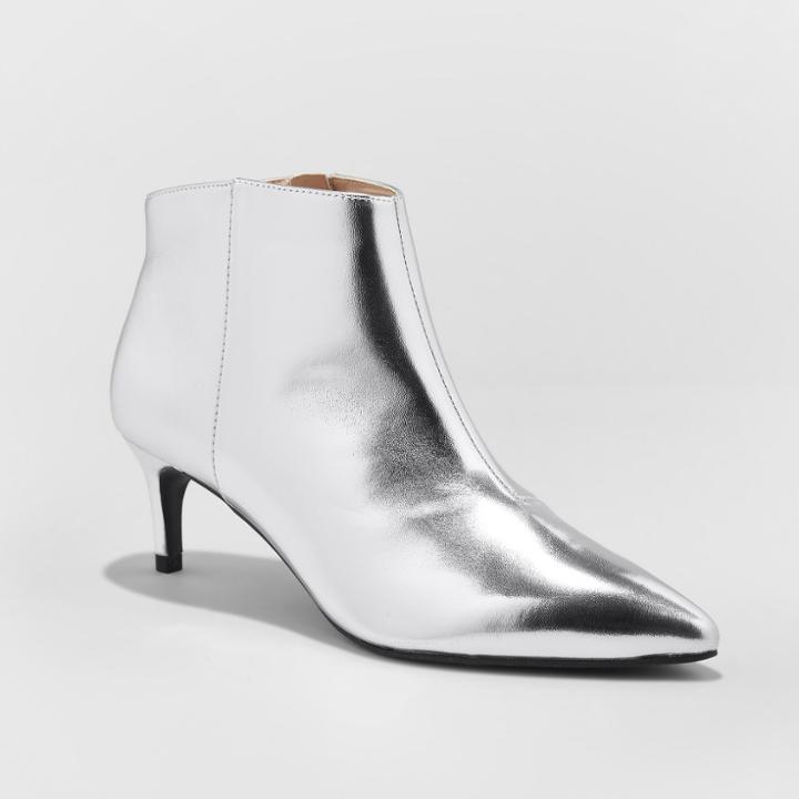 Women's Dominique Pointed Kitten Heel Wide Width Booties - A New Day Silver 6.5w,