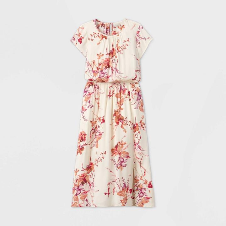 Women's Floral Print Short Sleeve Cinched Waist Dress - A New Day Cream