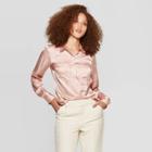 Women's Leaf Print Relaxed Fit Long Sleeve Collared Button-down Blouse - A New Day Light Pink M,