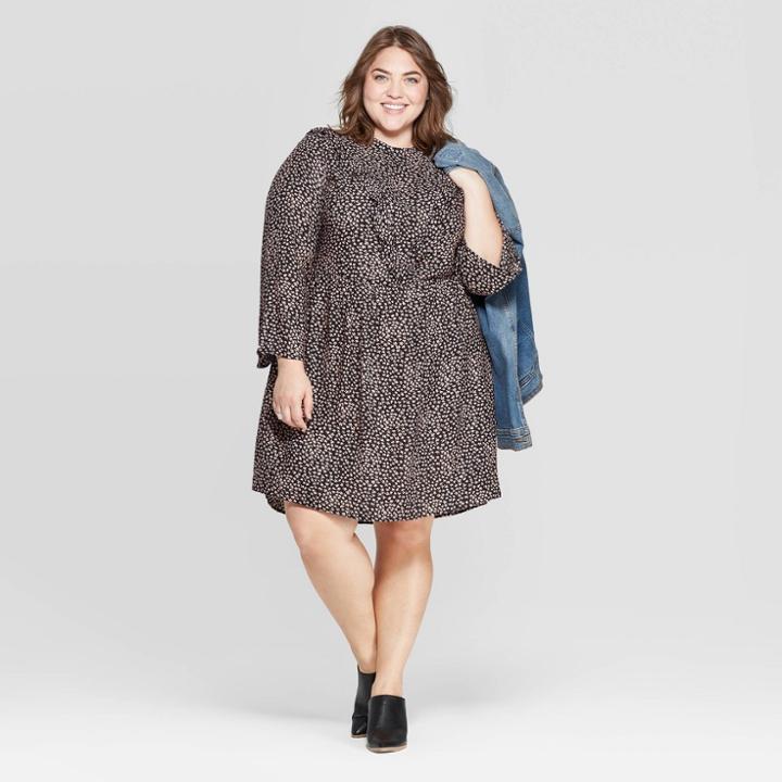 Women's Plus Size Floral Print Long Sleeve Crewneck Ruffle Dress - Universal Thread Black 2x, Women's, Size: 2xl,