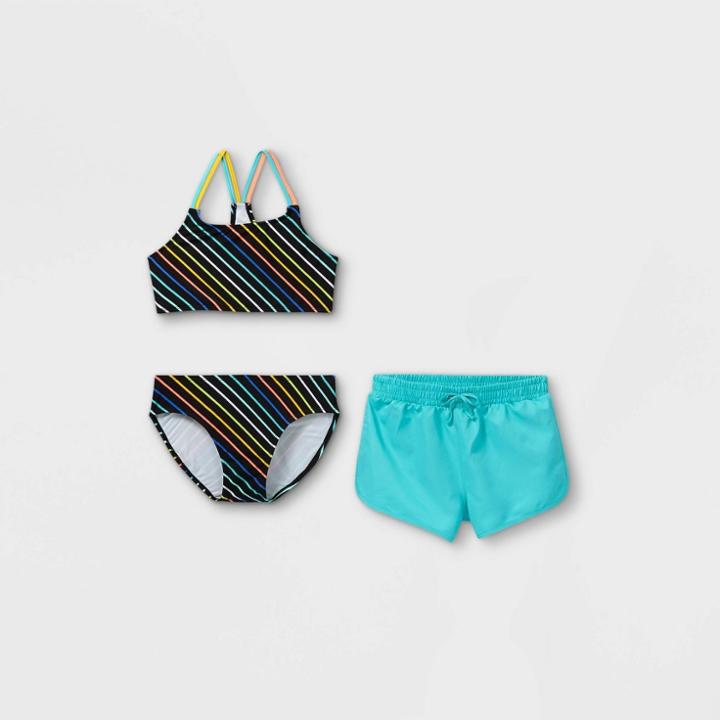 Girls' Striped 3pc Swimsuit Set - Art Class