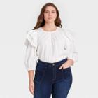 Women's Plus Size Double Ruffle 3/4 Sleeve Blouse - Universal Thread White