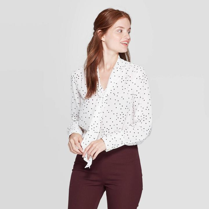 Women's Polka Dot Regular Fit Long Sleeve Sweetheart Neck Chiffon Blouse - A New Day White