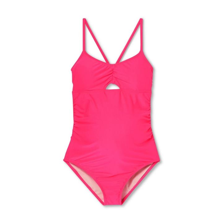 V-neck Peephole Colorblock Tie Back One Piece Maternity Swimsuit - Isabel Maternity By Ingrid & Isabel Neon Pink