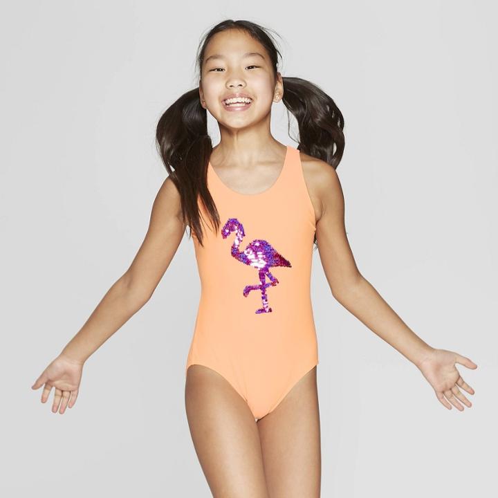 Girls' Flip Sequins Flamingo Frenzy One Piece Swimsuit - Cat & Jack Orange