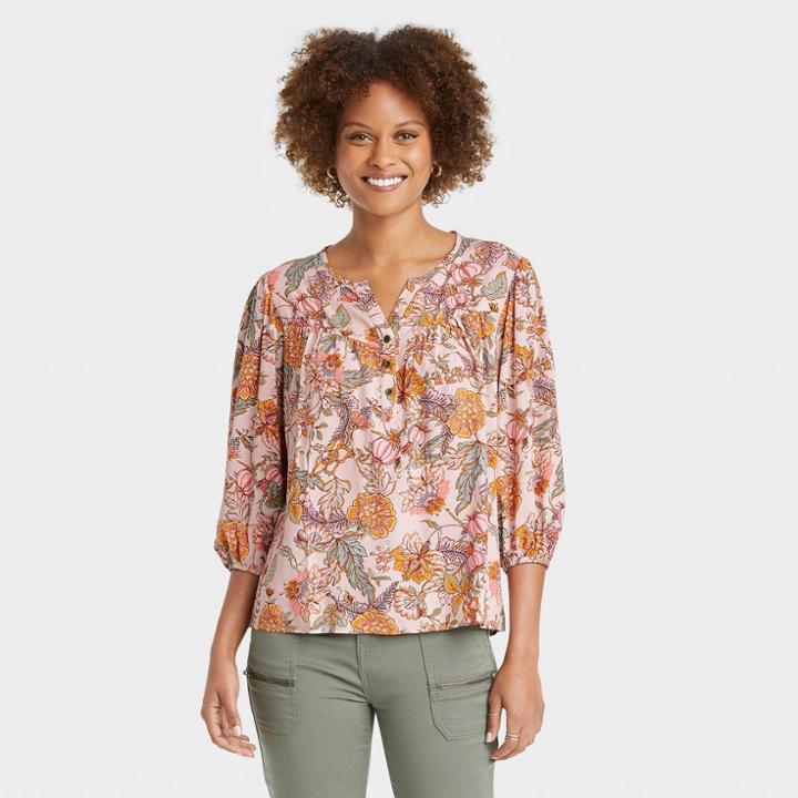 Women's Long Sleeve Button-front Blouse - Knox Rose Blush Floral