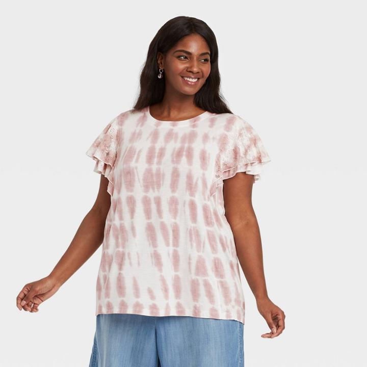 Women's Plus Size Flutter Short Sleeve Scoop Neck Essential T-shirt - Knox Rose Purple