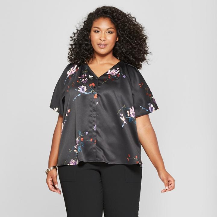Women's Plus Size Floral Print Button Front Short Sleeve Blouse - Ava & Viv Black