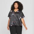 Women's Plus Size Floral Print Button Front Short Sleeve Blouse - Ava & Viv Black