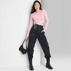 Women's Long Sleeve Slim Fit Ruched Cropped T-shirt - Wild Fable Pink