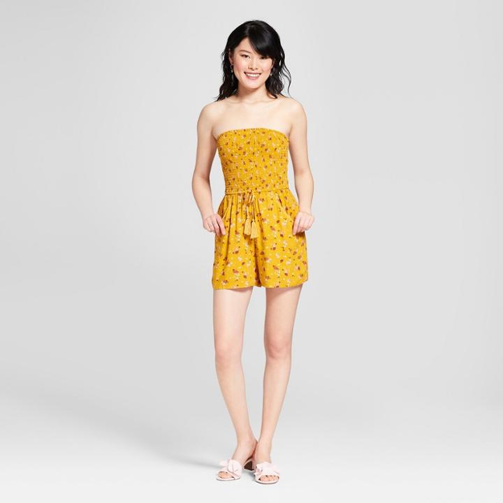 Women's Floral Print Strapless Smocked Top Romper - Xhilaration Mustard (yellow)/blush