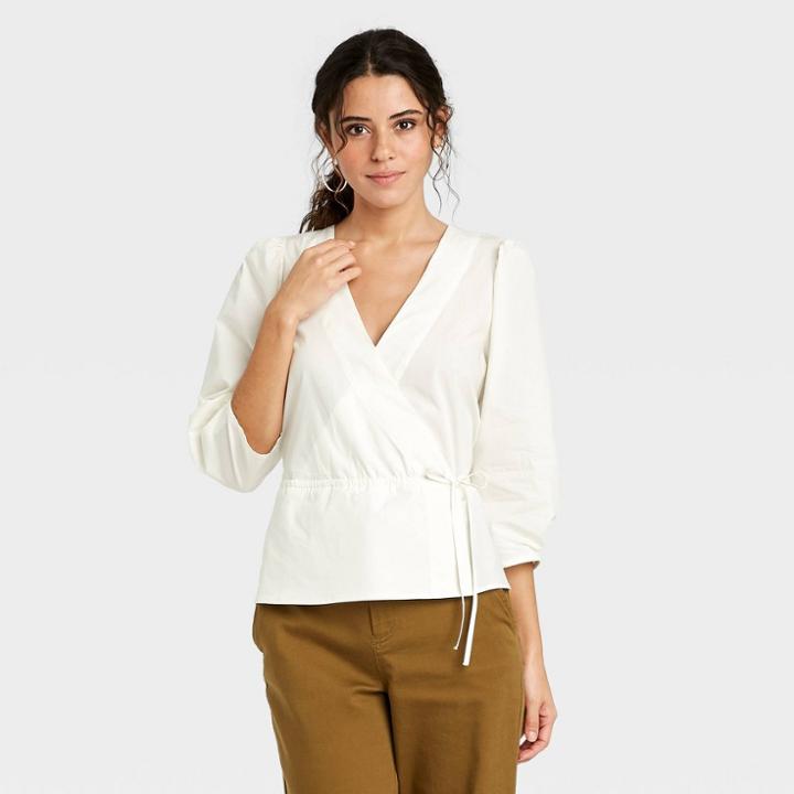 Women's Long Sleeve Wrap Top - A New Day Cream