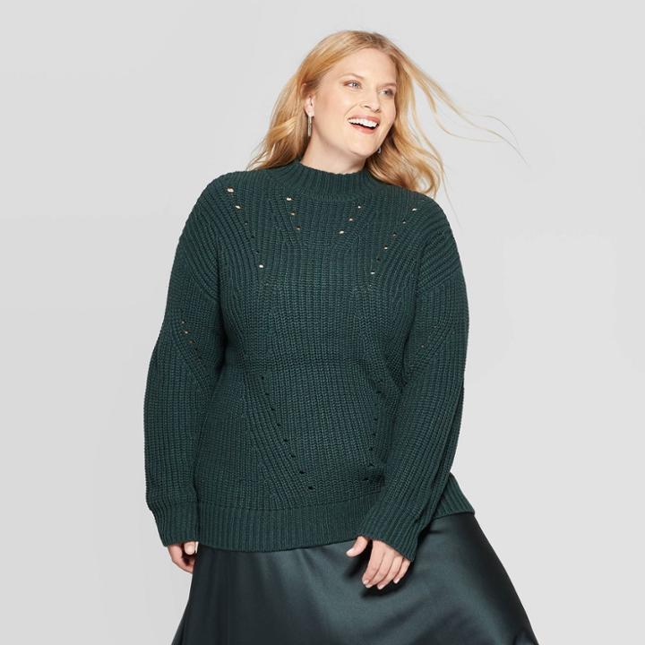 Women's Plus Size Long Sleeve Pointelle Turtleneck Sweater - Ava & Viv Green X