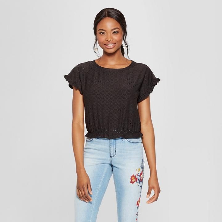Women's Short Sleeve Eyelet T-shirt - Soul Cake (juniors') Black