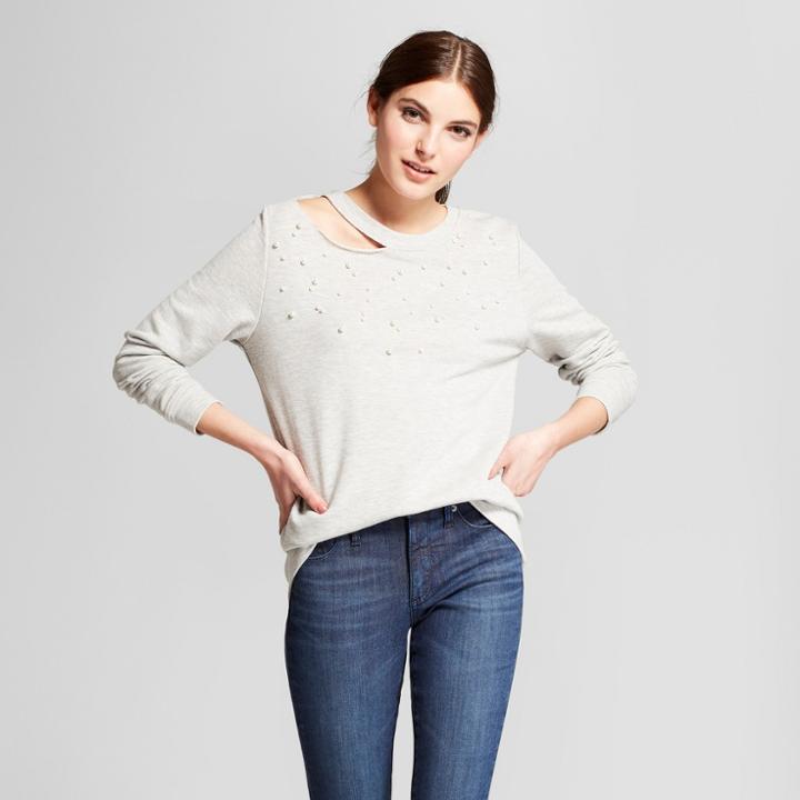 Alison Andrews Women's Long Sleeve Asymmetrical Cutout Pearl Embellished Sweatshirt Gray