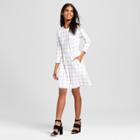 Women's Long Sleeve Windowpane Dress White Pebble Gray Xl - K By Kersh