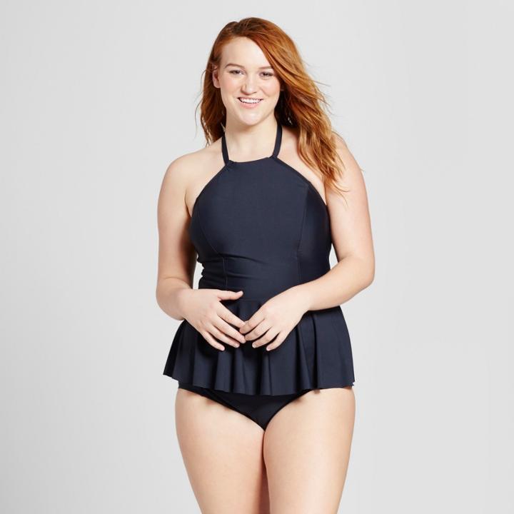 Sea Angel Women's Plus Size High Neck Peplum Tankini Top - Black