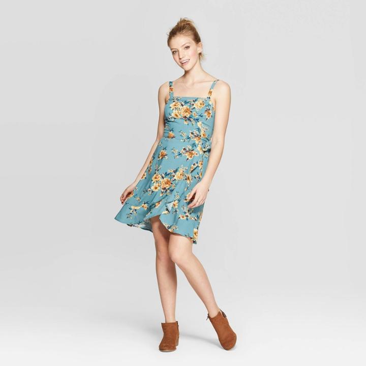 Women's Floral Print Sleeveless Strappy Square Neck Side-tie Dress - Xhilaration Turquoise