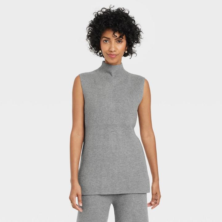 Women's Mock Turtleneck Ribbed Sweater Vest - A New Day Gray