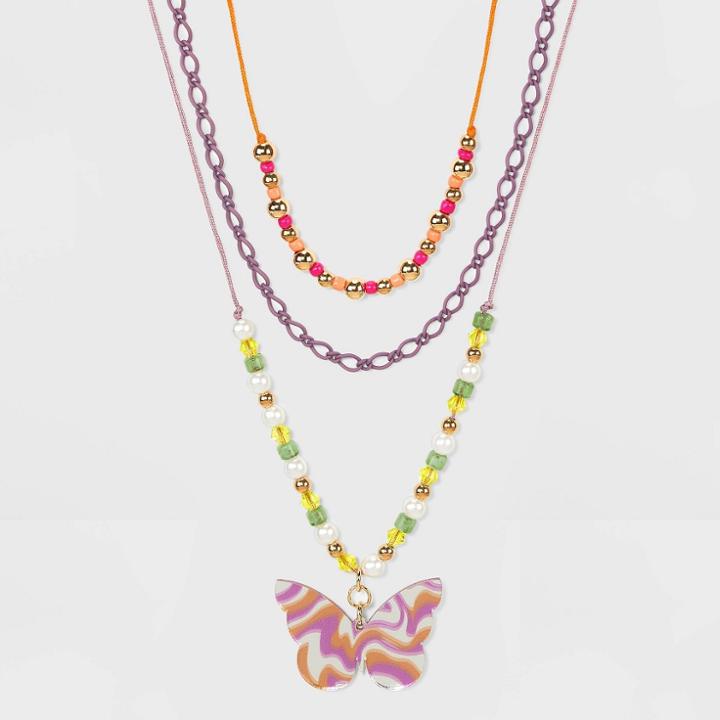 Mixed Beaded And Butterfly Charm Necklace Set 3pc - Wild Fable , Gold/red/orange