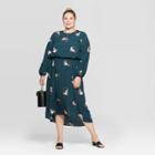 Women's Plus Size Floral Print Long Sleeve V-neck Midi Dress - Ava & Viv Dark Green X, Women's