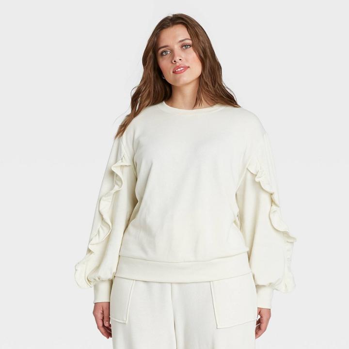 Women's Plus Size Ruffle Sleeve Scoop Neck Pullover Sweater - Who What Wear Cream
