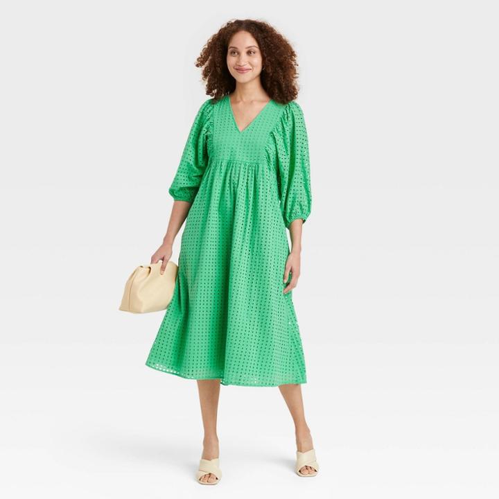 Women's Balloon 3/4 Sleeve Eyelet Dress - A New Day Green
