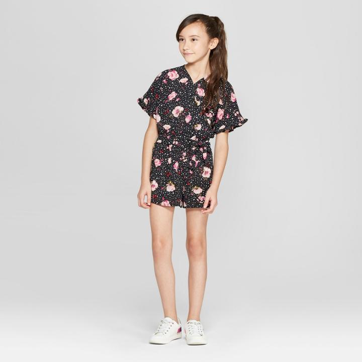 Girls' All Over Flower Print Romper- Art Class Black