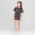 Girls' All Over Flower Print Romper- Art Class Black
