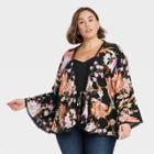 Women's Plus Size Floral Print Tie-front Kimono Jacket - Knox Rose Black