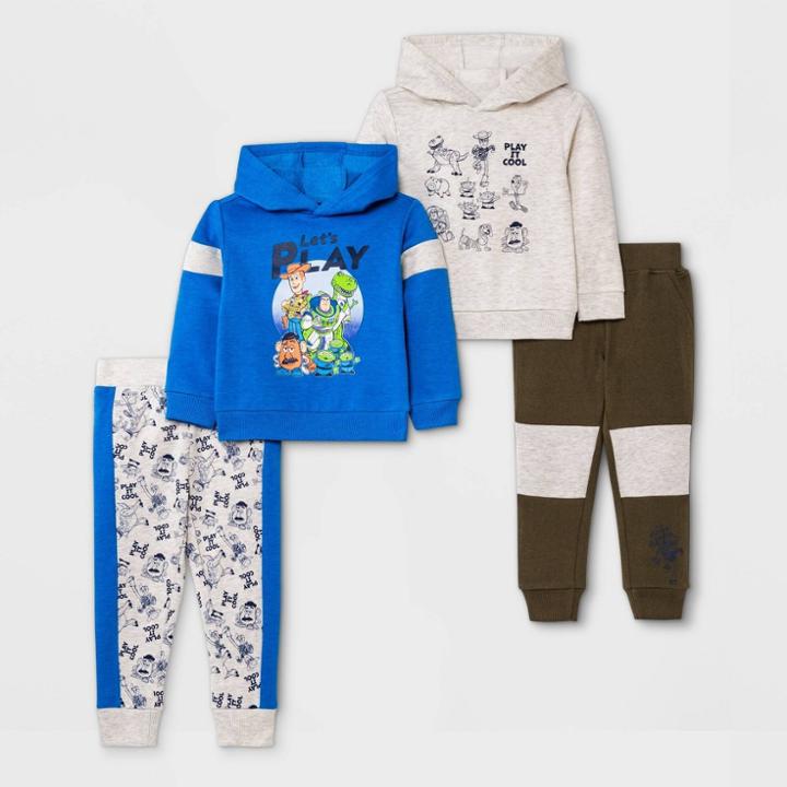 Disney Toddler Boys' 4pc Toy Story Fleece Top And Jogger Set - Blue/light Gray/green
