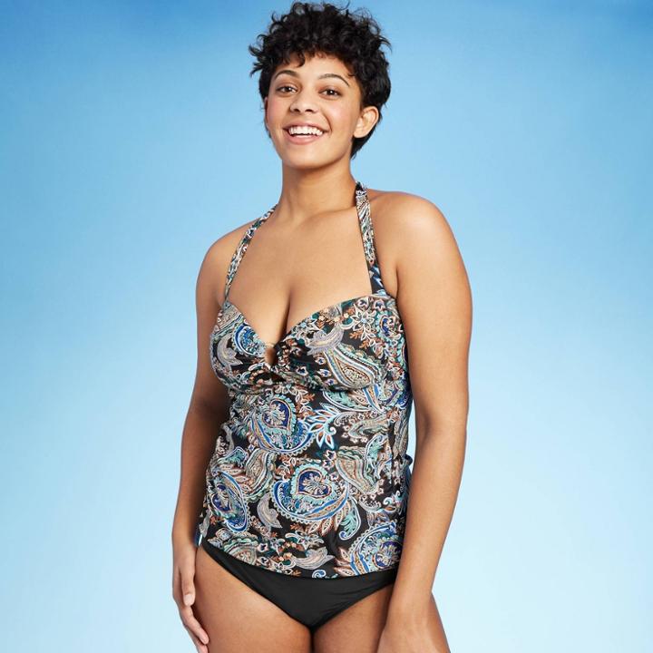 Women's Gold Ring Halter Tankini Top - Kona Sol Black Floral S, Women's, Size: Small,