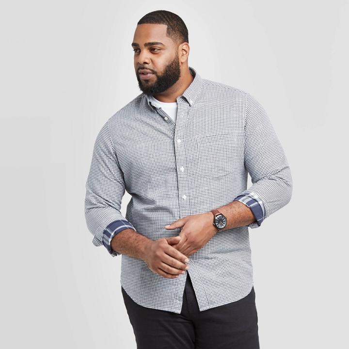 Men's Tall Standard Fit Checked Long Sleeve Button-down Shirt - Goodfellow & Co Cornelian Blue