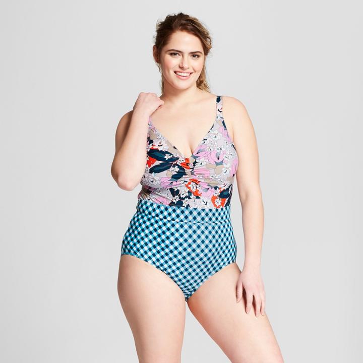 Plus Size Social Angel Women's Plus Floral Gingham One Piece - Navy