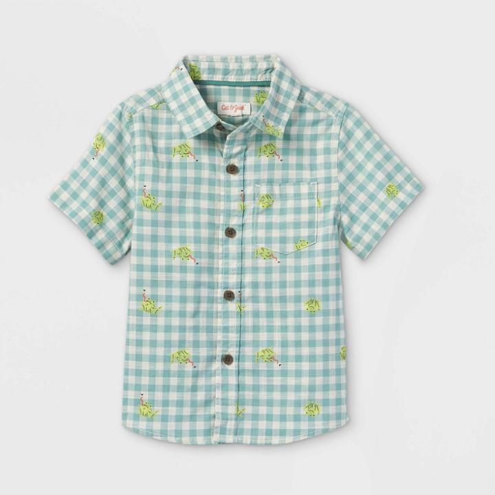 Toddler Boys' Frog Print Poplin Woven Short Sleeve Button-down Shirt - Cat & Jack Green