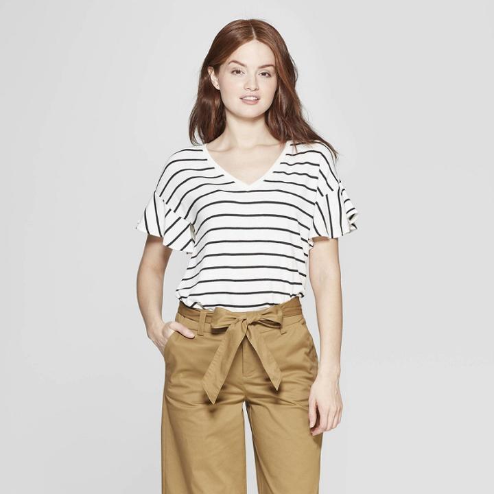 Women's Striped Short Sleeve Ruffle T-shirt - A New Day Cream/black (ivory/black)