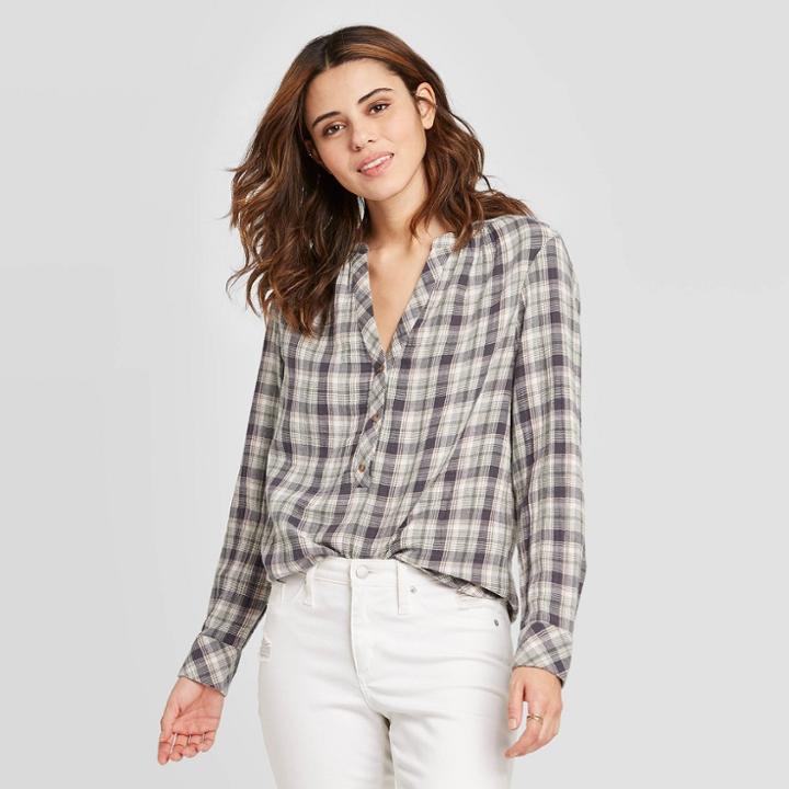 Women's Plaid Flutter Long Sleeve Round Neck Button-front Tunic Blouse - Universal Thread Green Xs, Women's,