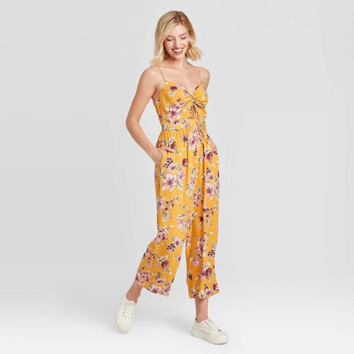 Women's Floral Print Sleeveless V-neck Ruched Front Cutout Cropped Jumpsuit - Xhilaration Mustard Xs, Women's, Yellow