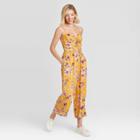 Women's Floral Print Sleeveless V-neck Ruched Front Cutout Cropped Jumpsuit - Xhilaration Mustard Xs, Women's, Yellow