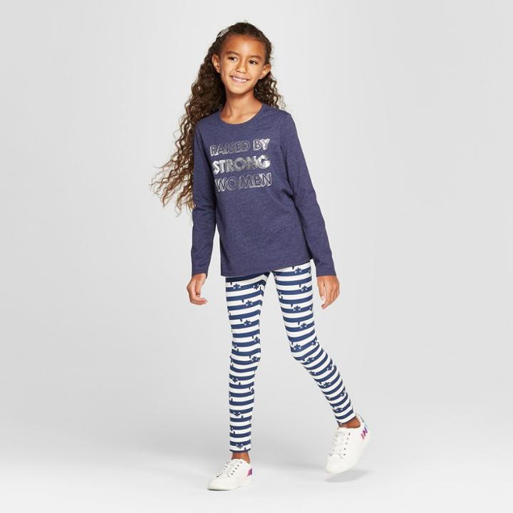 Girls' Stripe Fox Print Leggings - Cat & Jack Navy/white