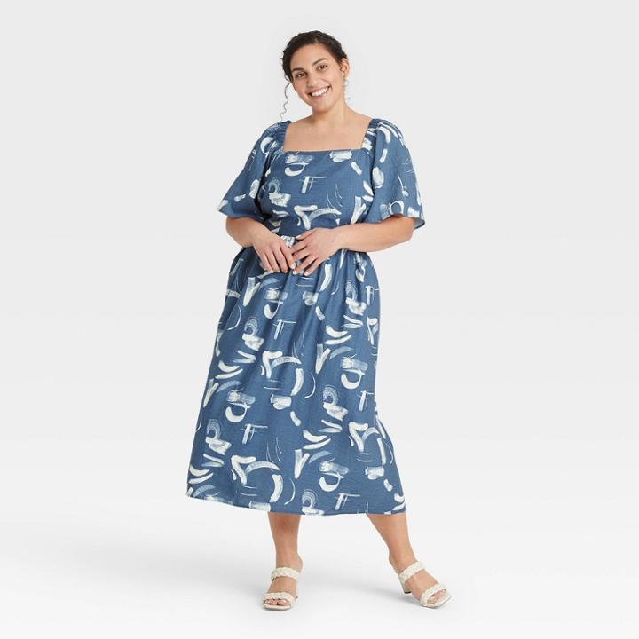 Women's Plus Size Flutter Short Sleeve Tie-back Dress - A New Day Blue