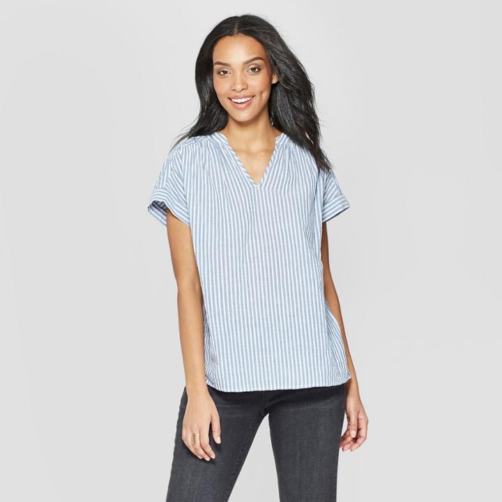 Women's Short Sleeve Striped Blouse - Universal Thread Blue