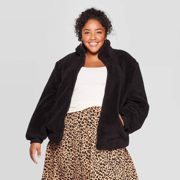 Women's Plus Size Long Sleeve Bomber Jacket - Ava & Viv Black X