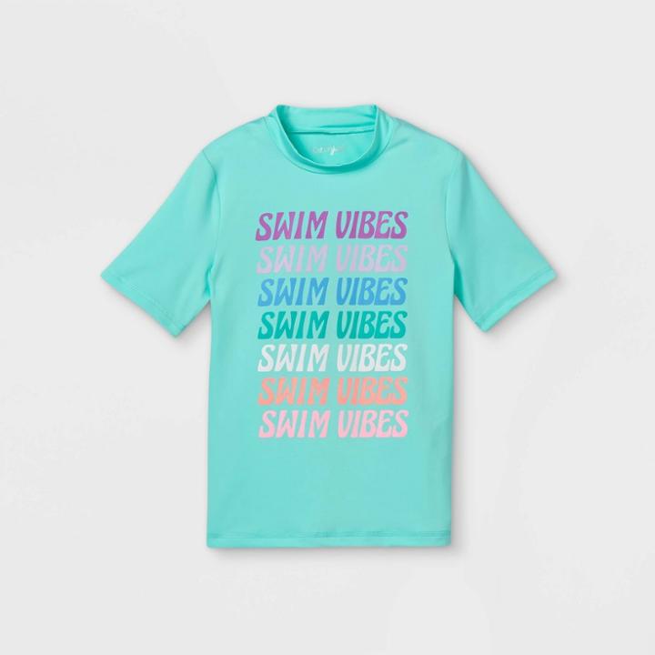 Girls' Vibes Short Sleeve Rash Guard Swim Shirt - Cat & Jack Aqua