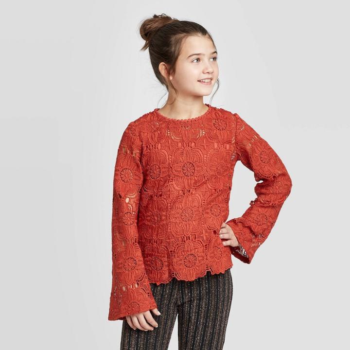 Girls' Long Sleeve Lace Top - Art Class Red