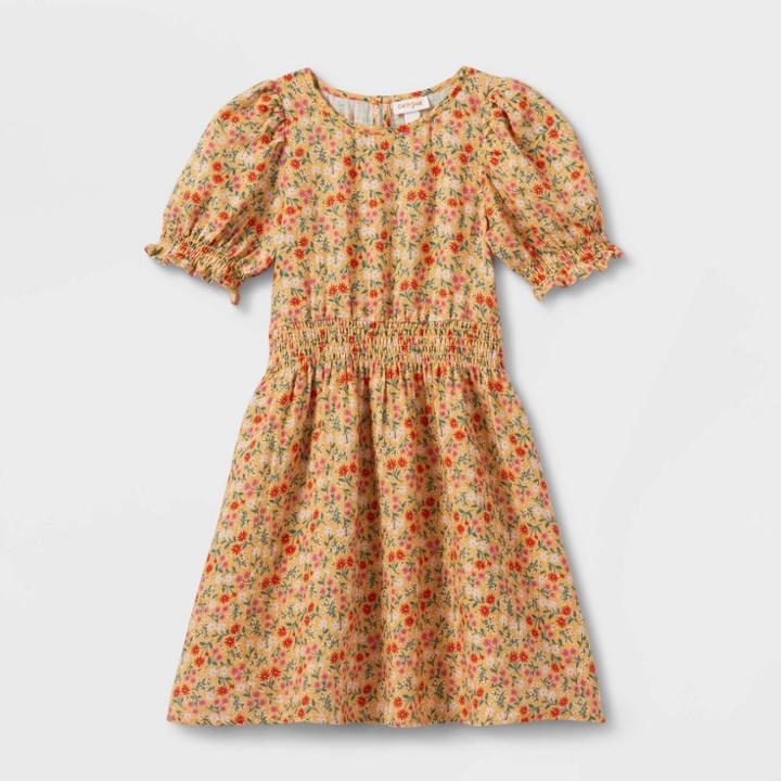 Girls' Floral Woven Gauze Dress - Cat & Jack Light Mustard Yellow