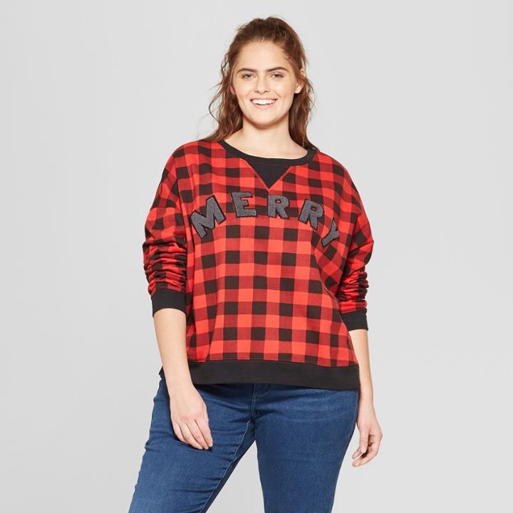 Women's Plus Size Merry Buffalo Plaid Sweatshirt - Fifth Sun (juniors') Red